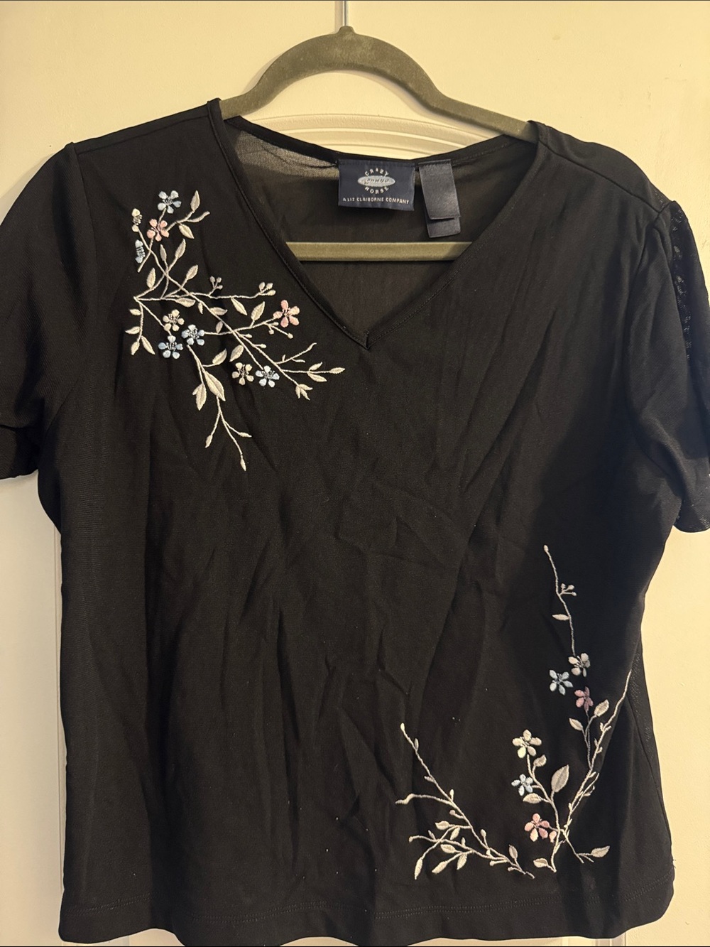 Liz Claiborne Black V-Neck Top with Blue and Pink Floral Embroidery